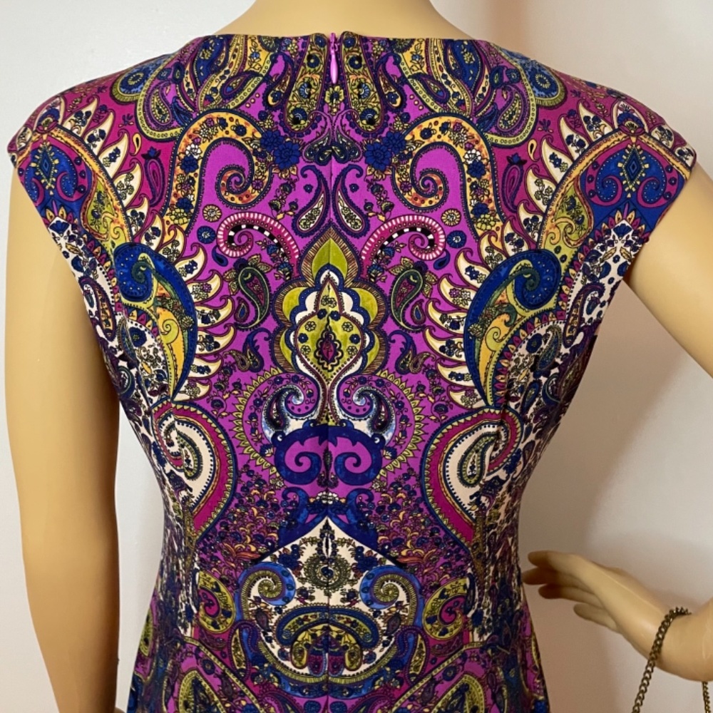 Purple green yellow navy paisley sheath midi dress - Picture 8 of 12